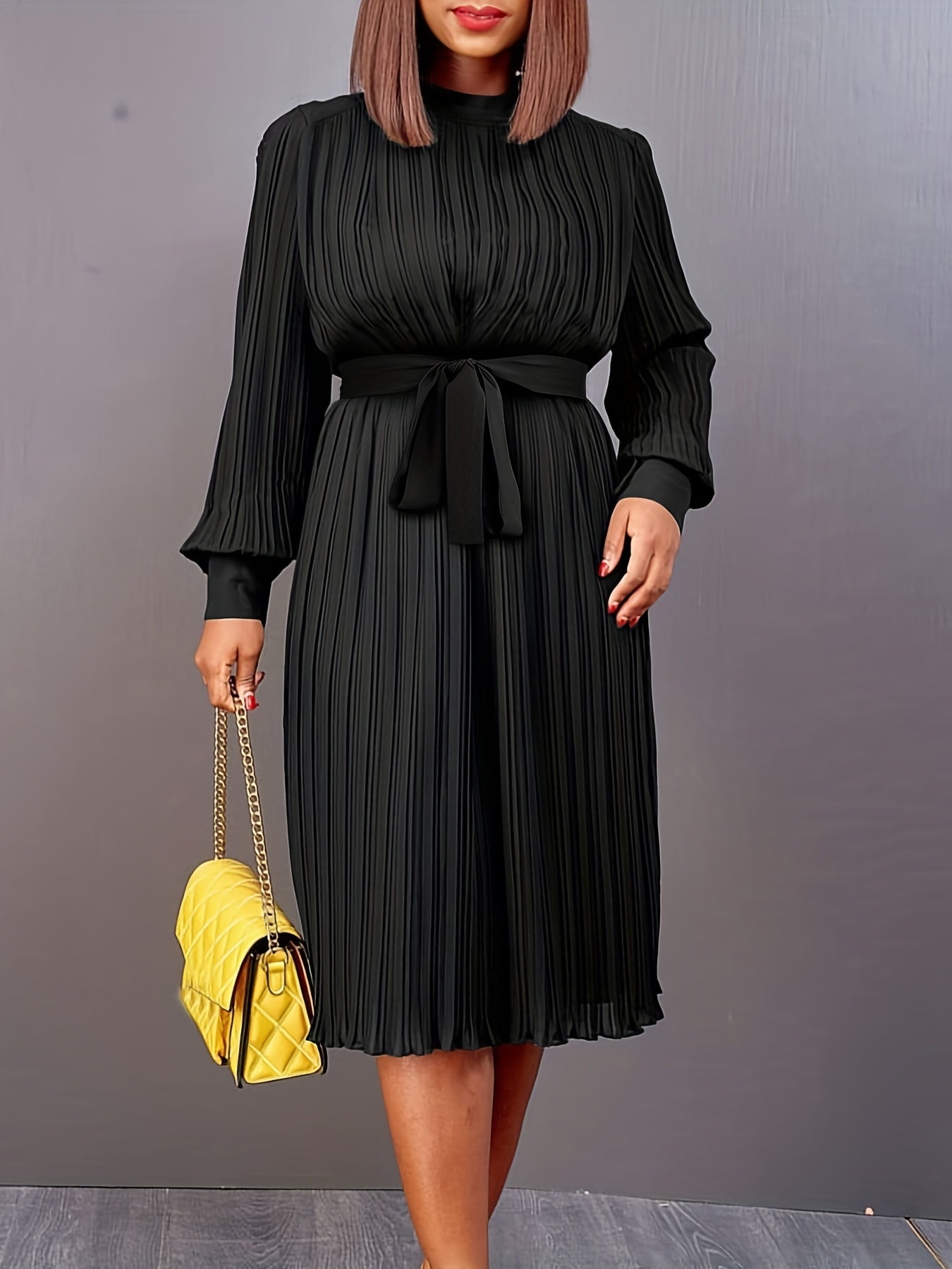 Pleated Belted Dress Casual Long Sleeve Dress Spring & Fall