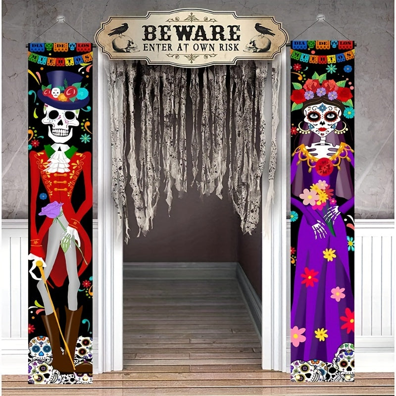 Halloween Skeleton Couple Home Porch Banner Outdoor Door Hanging