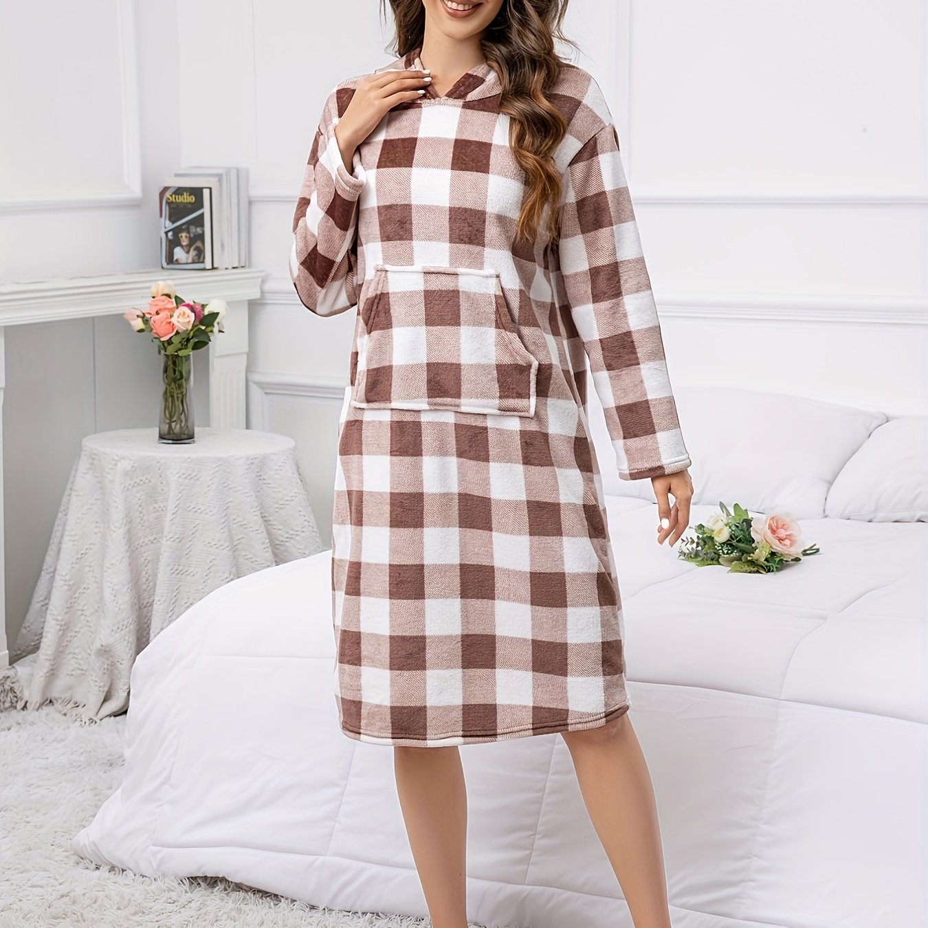 Plaid Fuzzy Hooded Night Robe Long Sleeve Robe With Pockets