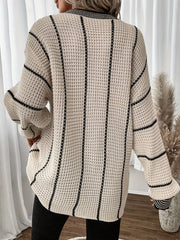 Striped V Neck Pullover Sweater Casual Long Sleeve Loose Sweater