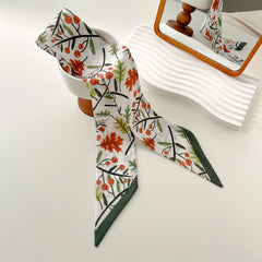 Green Fruit Tree Print Skinny Scarf Silky Ribbon Long Neckerchief