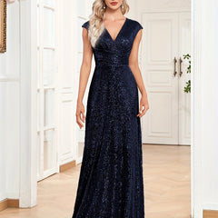 Sequined Maxi Dress V Neck Gown Dress For Bridesmaid Cocktail Party