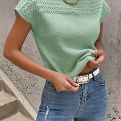 Casual Sweater Women's Plus Solid Hollow Out Cap Sleeve Round Neck