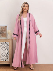 Boho Abaya Robe Contrast Lace Long Sleeve Open Front Dress