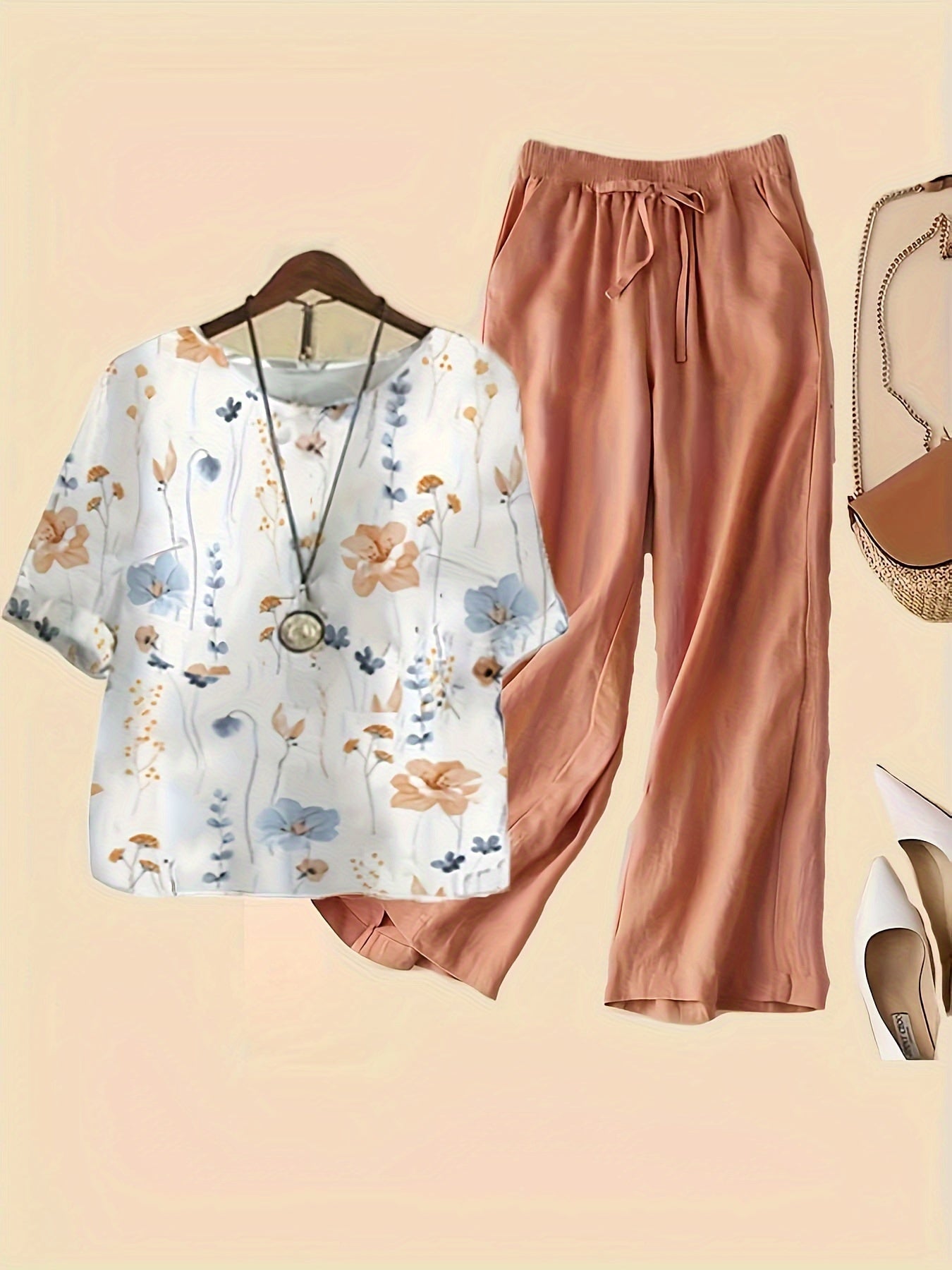 Floral Print Top & Wide Leg Pants 2 Piece Set