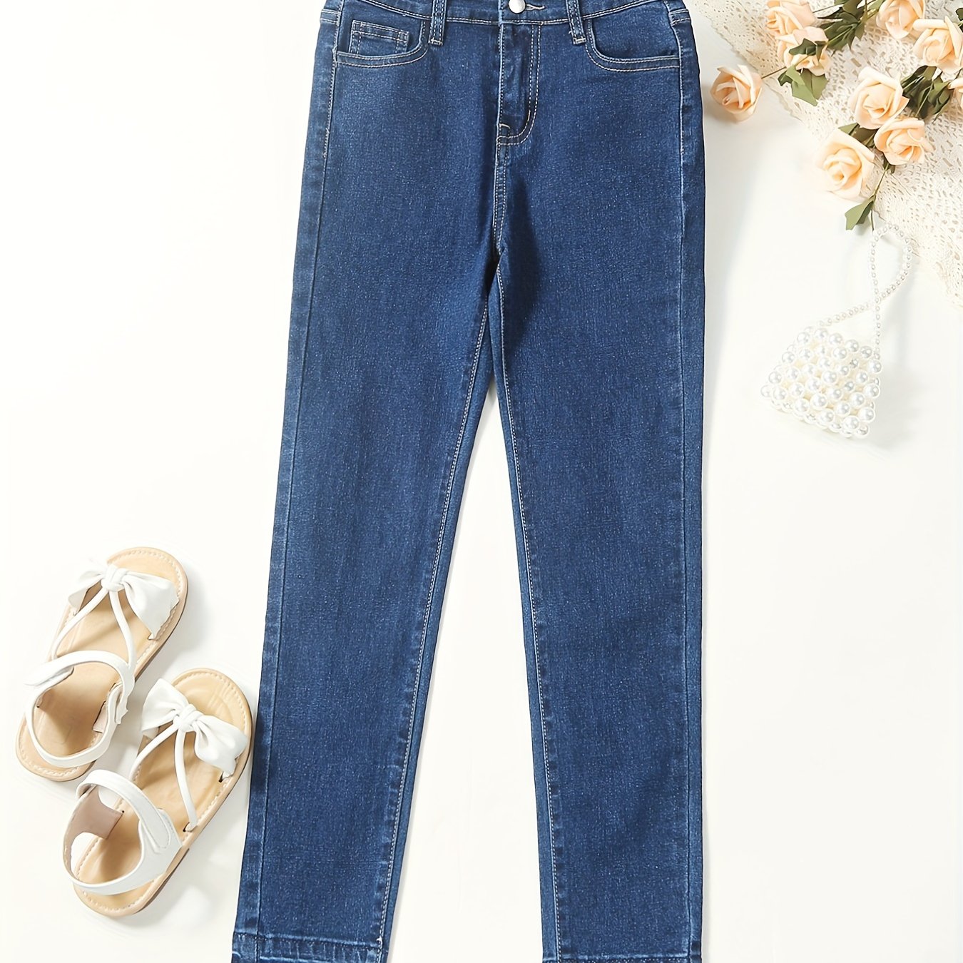 Girls Slim Fit Stretch Denim Long Pants With Pocket