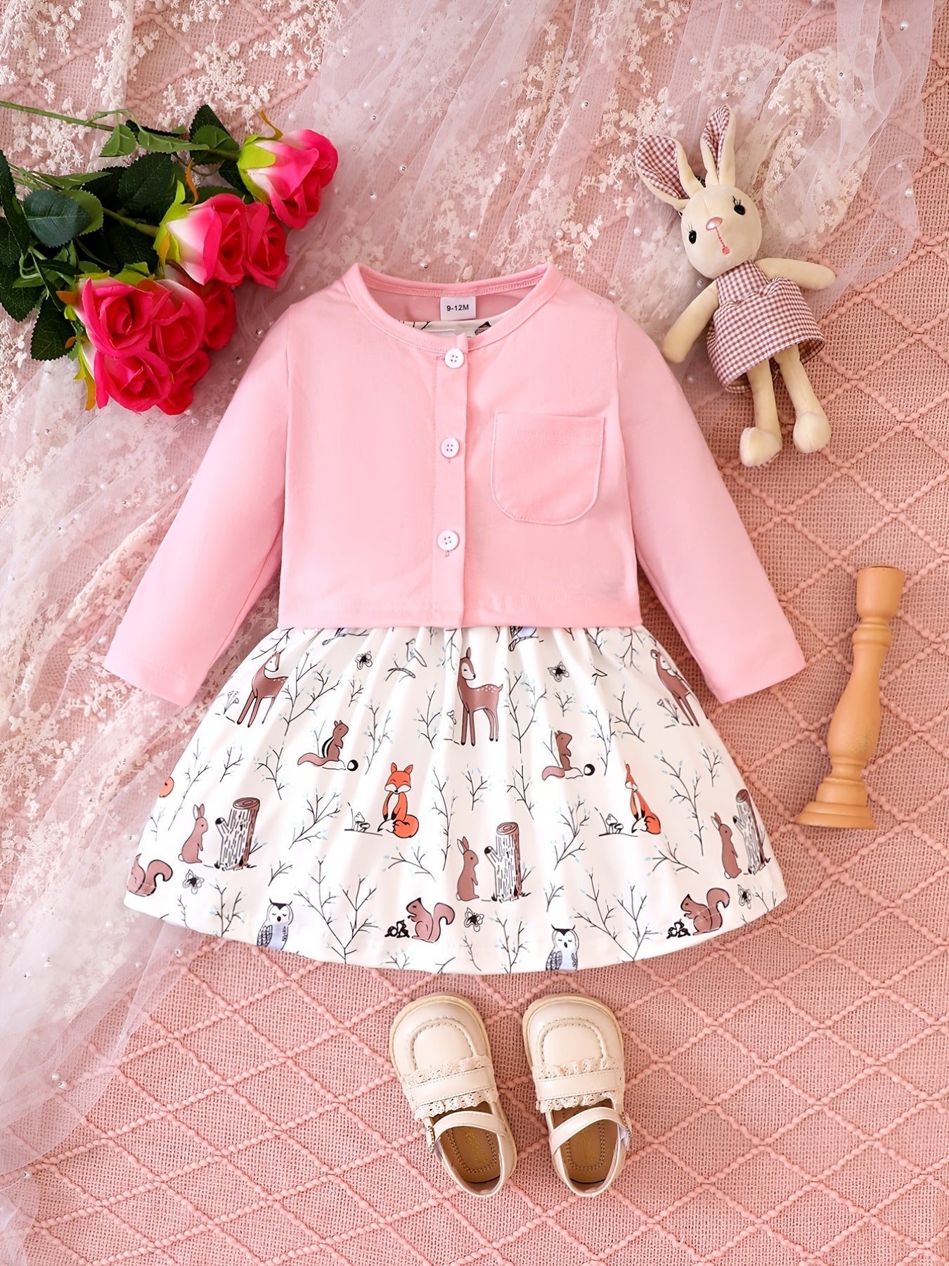 Cartoon Graphic Dress & Cardigan Set for Baby Girl