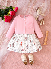 Cartoon Graphic Dress & Cardigan Set for Baby Girl