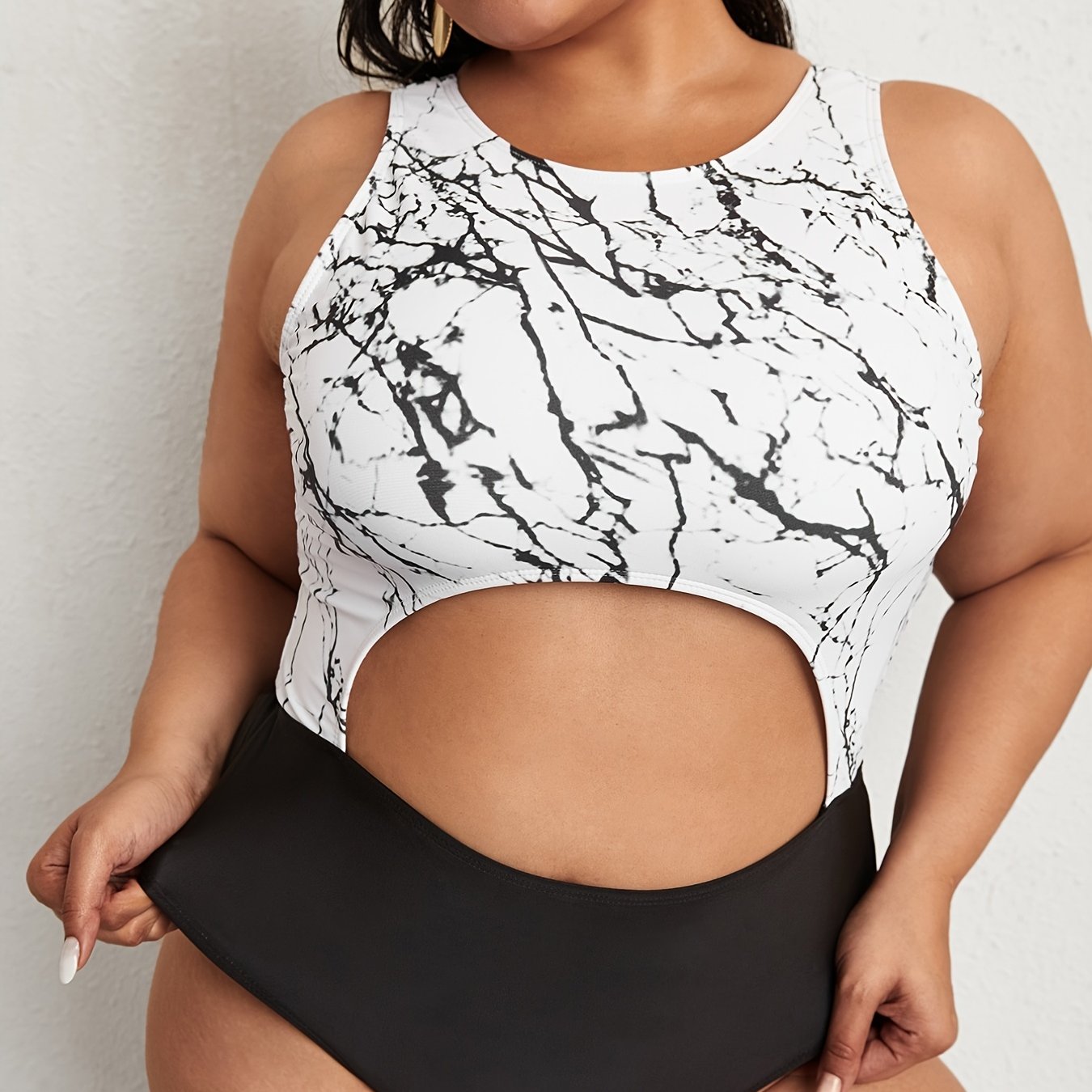 Colorblock Marble Print Cut Out One Piece Swimsuit Women's Plus