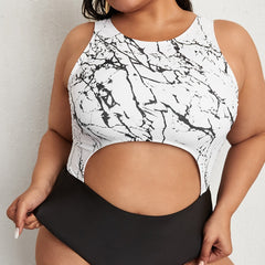 Colorblock Marble Print Cut Out One Piece Swimsuit Women's Plus