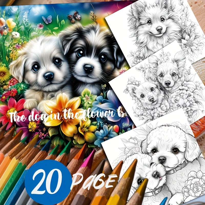 Adult Coloring Book Dog Flower Bush 20 Page Relaxing Art Stress Relief Gift
