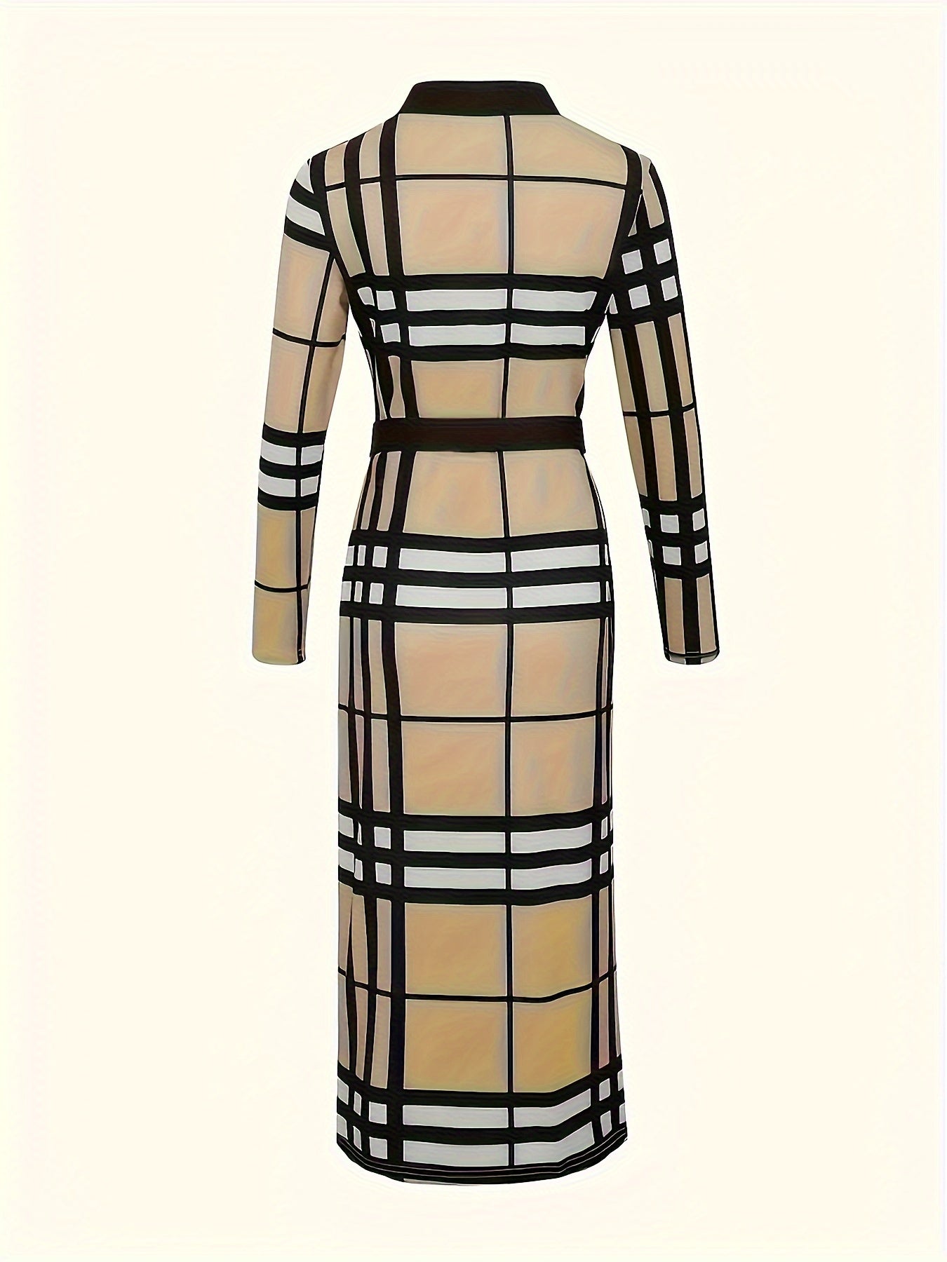 Women's Plus Plaid Print Long Sleeve V Neck Bodycon Midi Dress