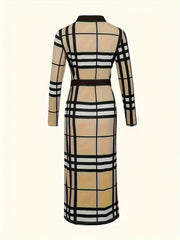 Women's Plus Plaid Print Long Sleeve V Neck Bodycon Midi Dress