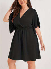 Solid Bell Sleeve Surplice Neck Mini Dress