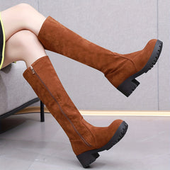 Chunky Knee High Boots Round Toe Side Zipper Thermal Ridding Boots