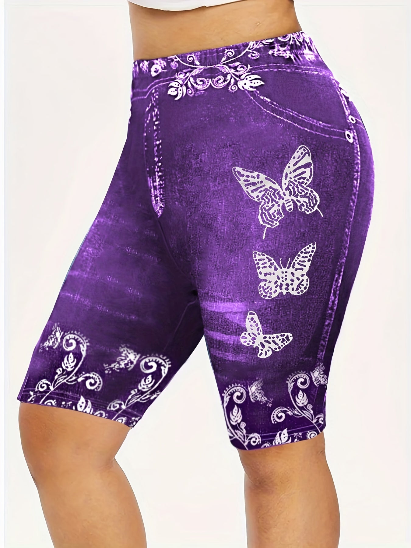 Denim & Butterfly Print High Rise Skinny Shorts