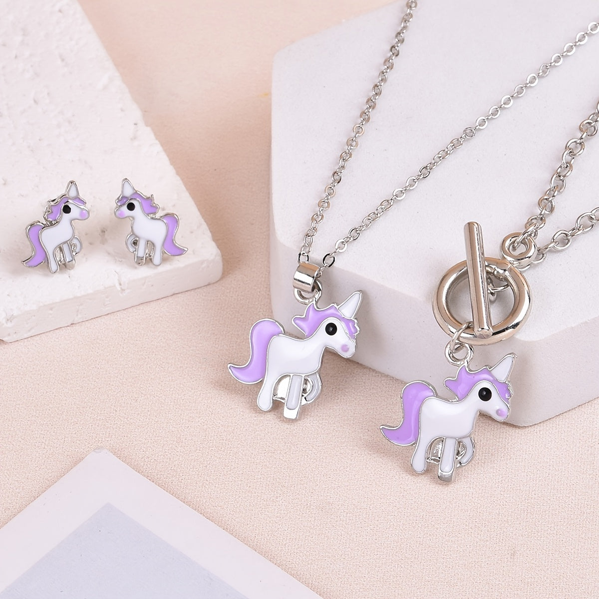 Unicorn Pendant Necklace & Earrings & Bracelet Set - Gift for Girls