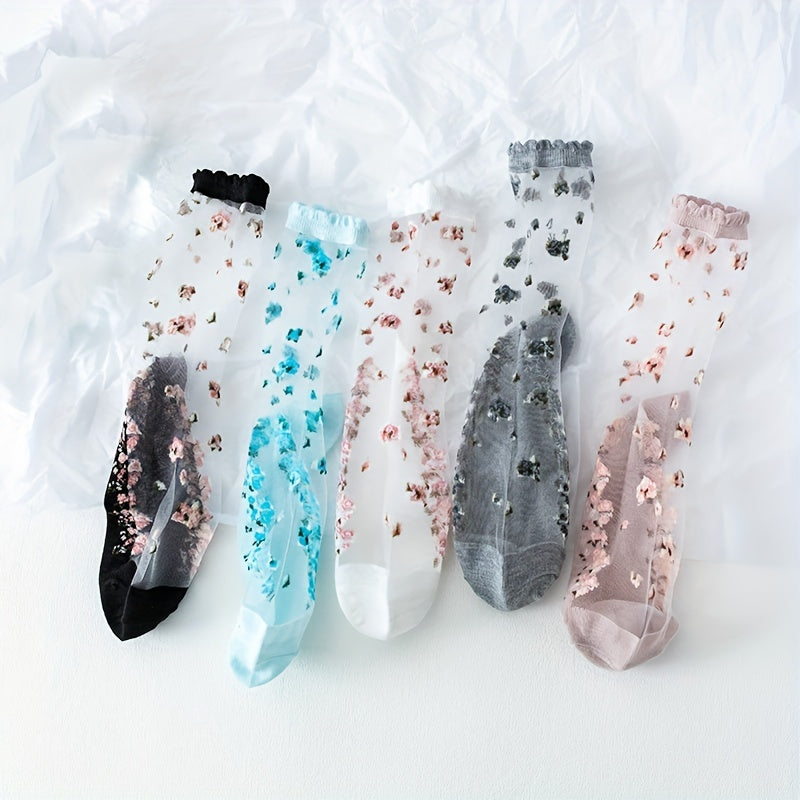 5 Pairs Mesh Sheer Socks Floral Print Stockings Women's Hosiery