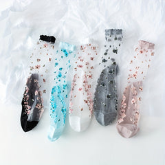 5 Pairs Mesh Sheer Socks Floral Print Stockings Women's Hosiery