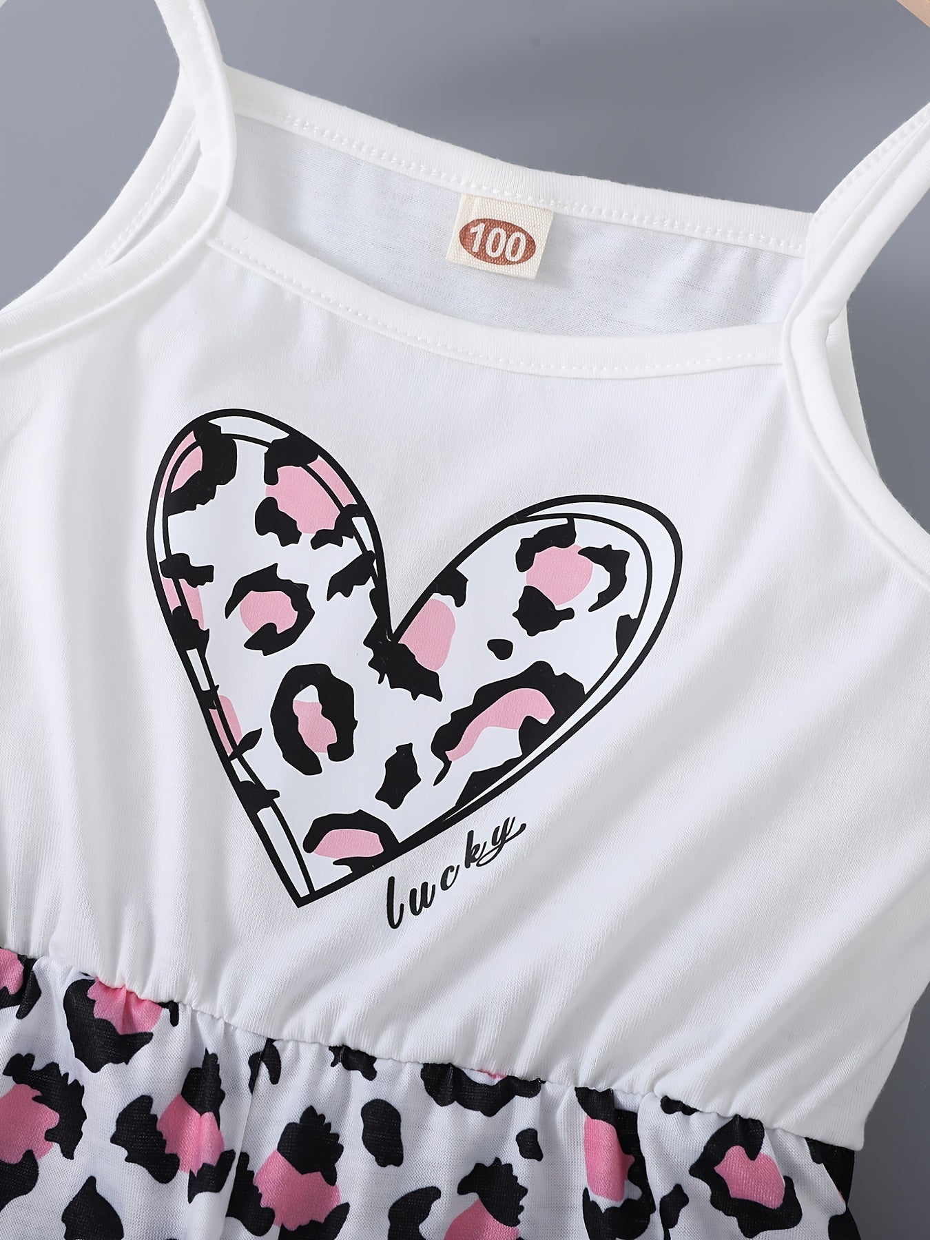 Girls Patchwork Cami Romper Bow Heart Leopard Print Jumpsuit