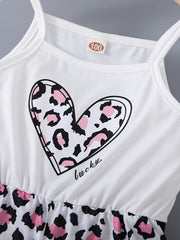 Girls Patchwork Cami Romper Bow Heart Leopard Print Jumpsuit