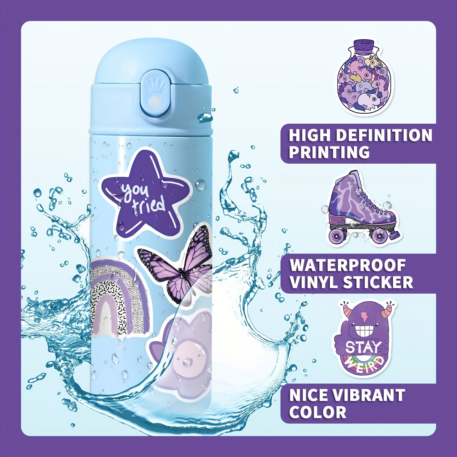 100pcs Purple VSCO Waterproof Stickers for Water Bottles Laptop Phone