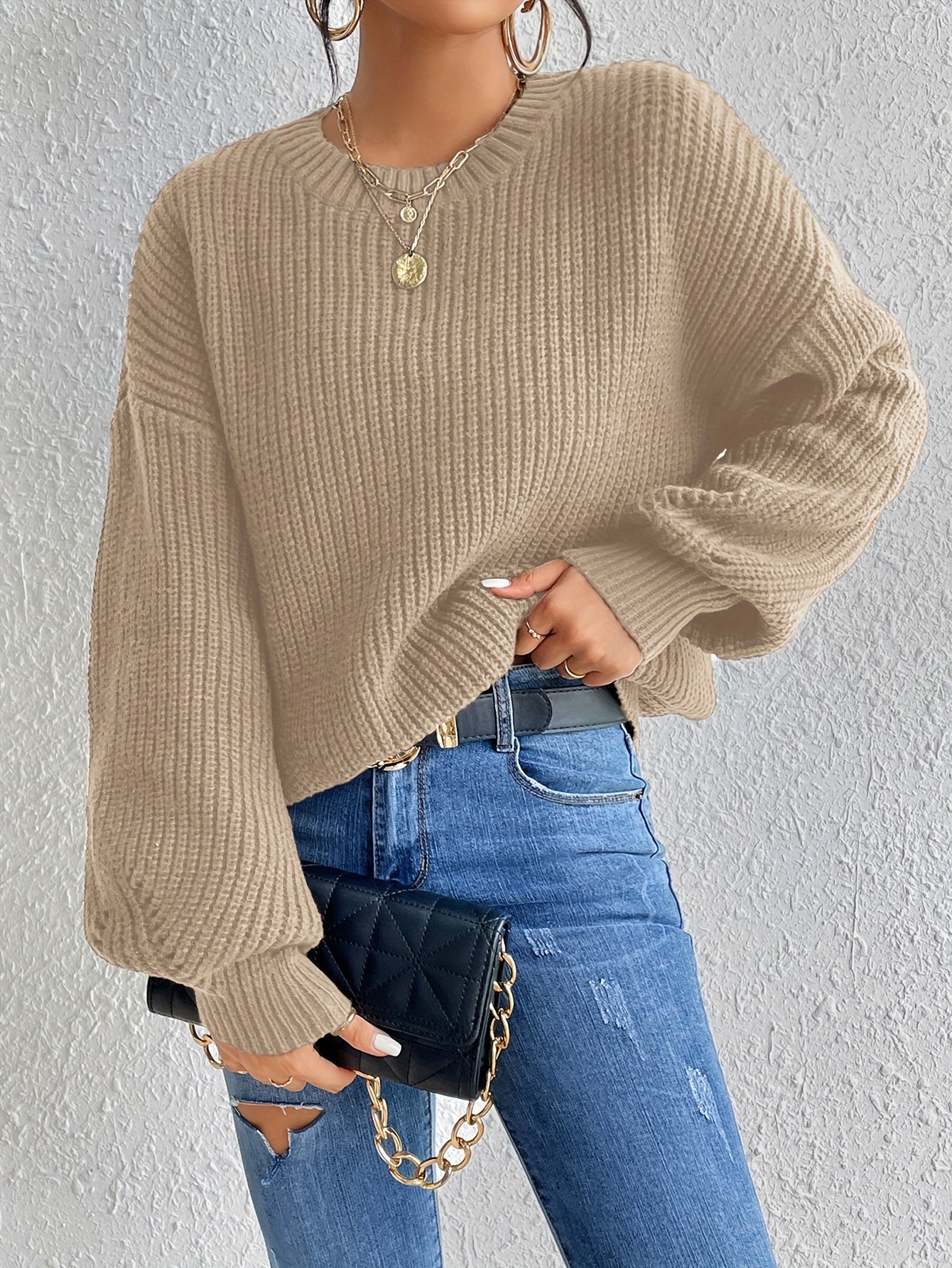 Solid Crew Neck Pullover Sweater Long Sleeve Winter Women's Clothing