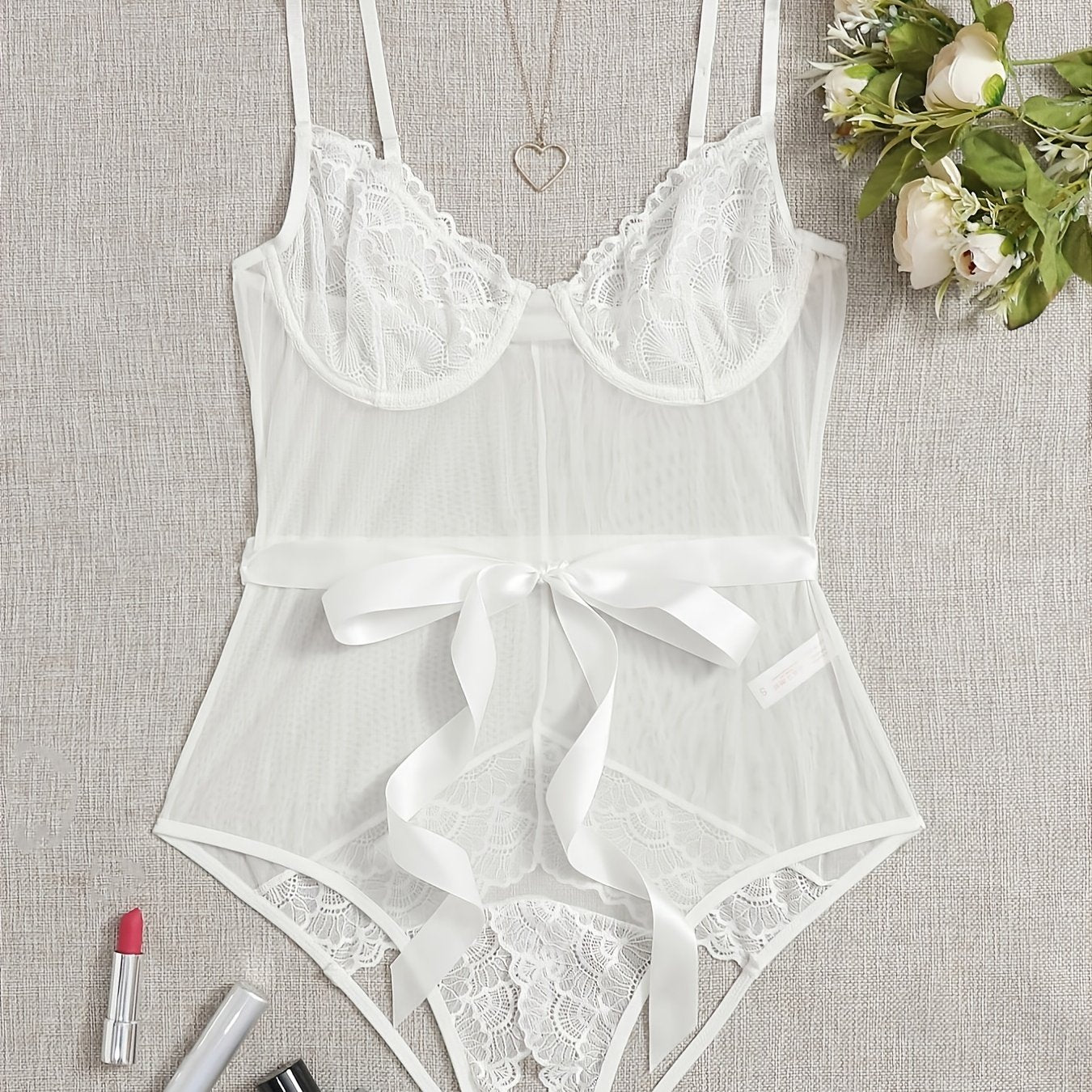 Floral Lace Spaghetti Strap Bodysuit with Cut Out Detail