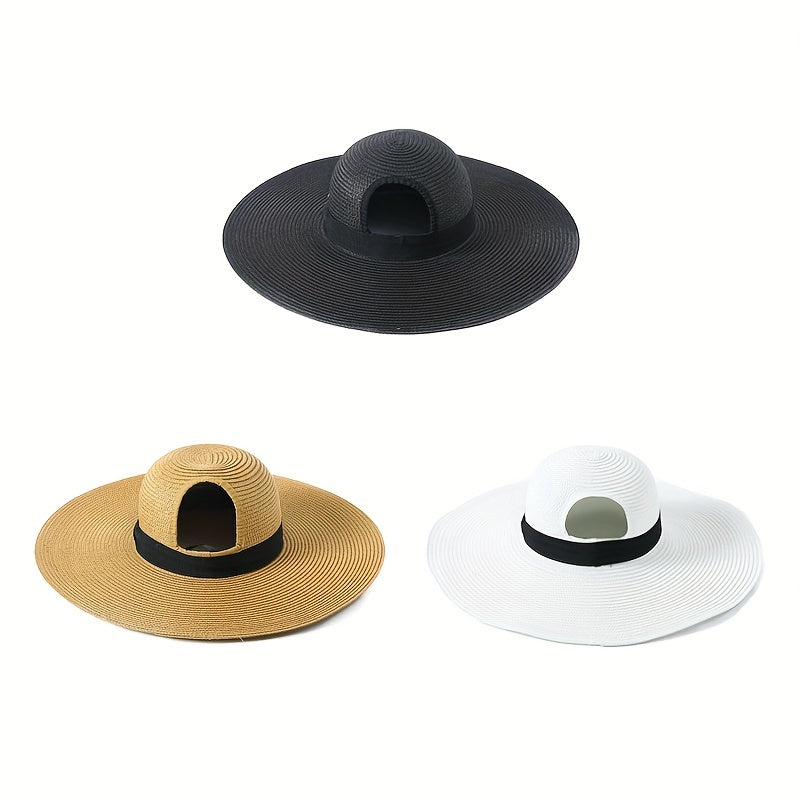 Black Hole Big Brim Sun Hat Solid Ponytail Straw Hat