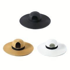 Black Hole Big Brim Sun Hat Solid Ponytail Straw Hat