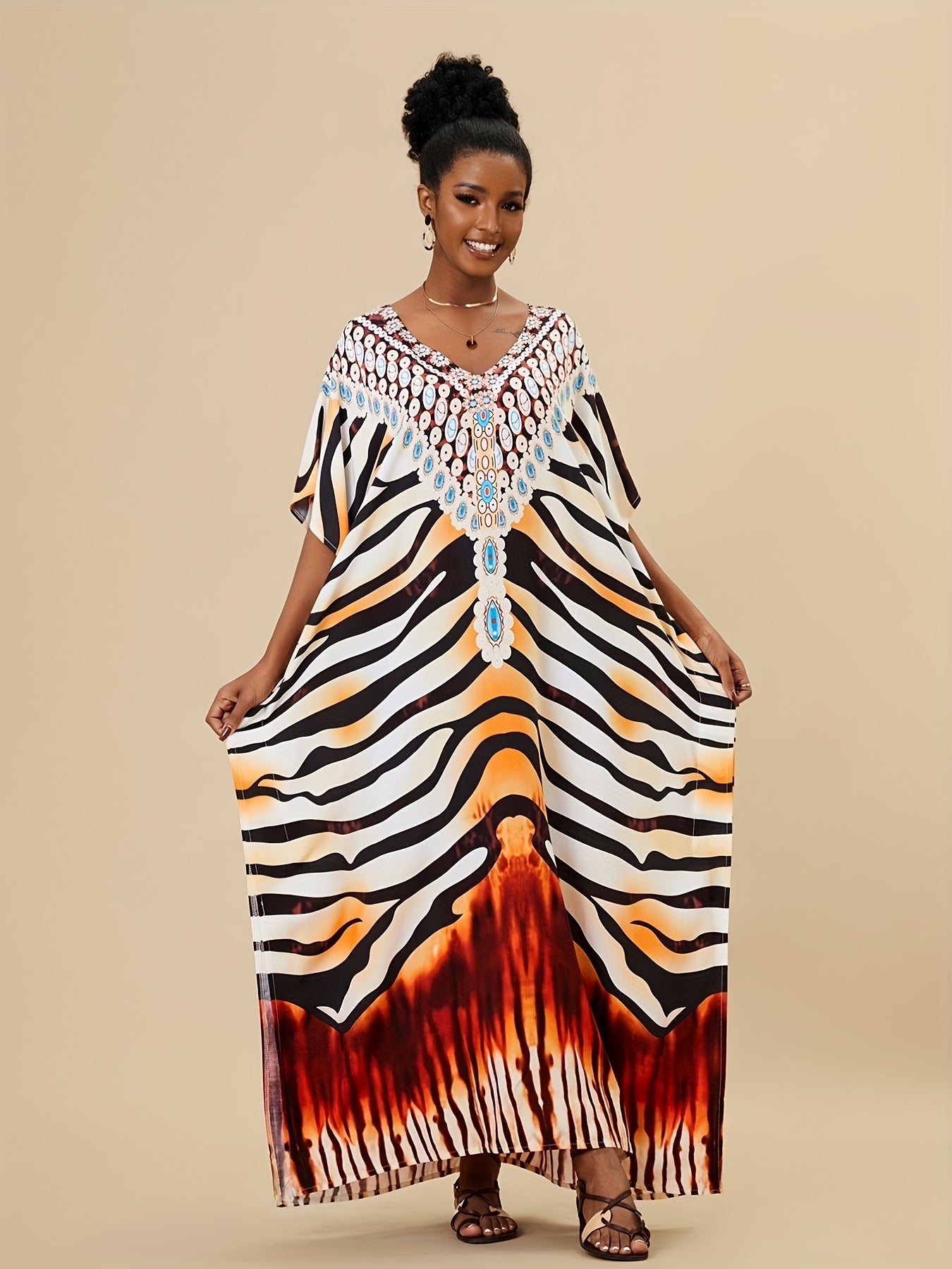 Boho Style Cover Up Dress V Neck Loose Fit Kaftan