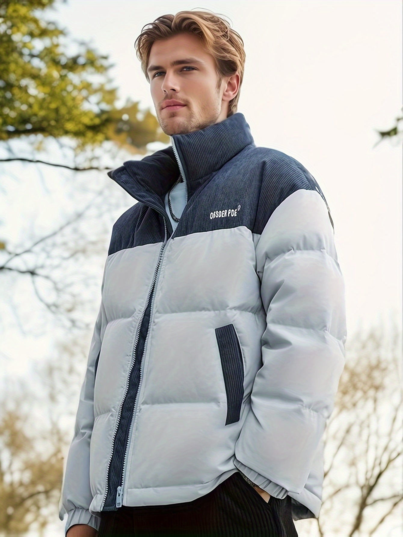 Men's Zip Corduroy Patchwork Thick Stand Colar Coat Warm Jacket