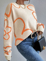 Flower Pattern Knitted Pullover Sweater Crew Neck Long Sleeve for Fall & Winter