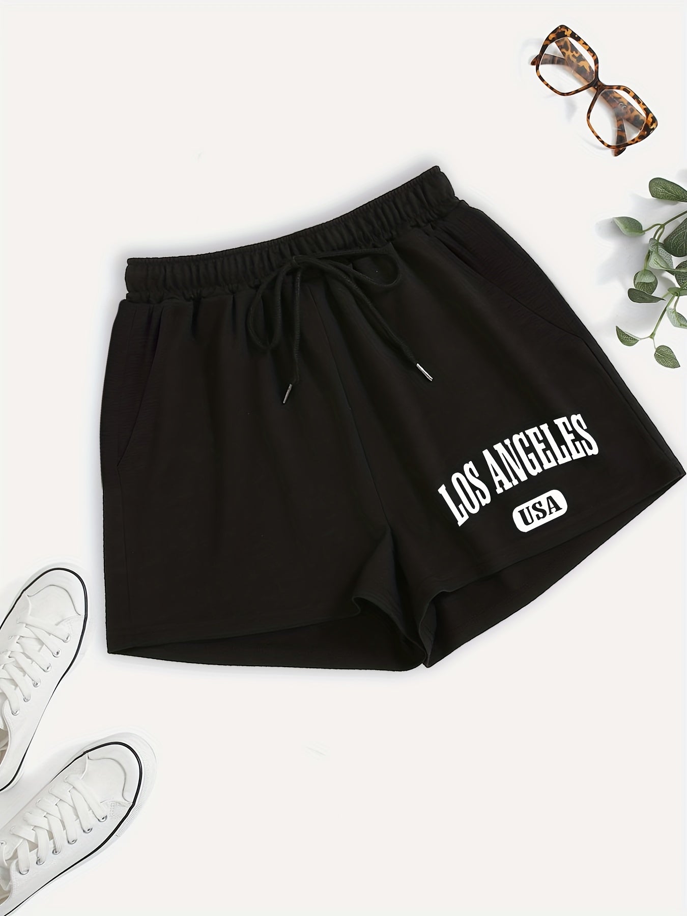Los Angeles Letter Print Hotpants Drawstring Waist Casual Shorts