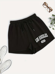 Los Angeles Letter Print Hotpants Drawstring Waist Casual Shorts