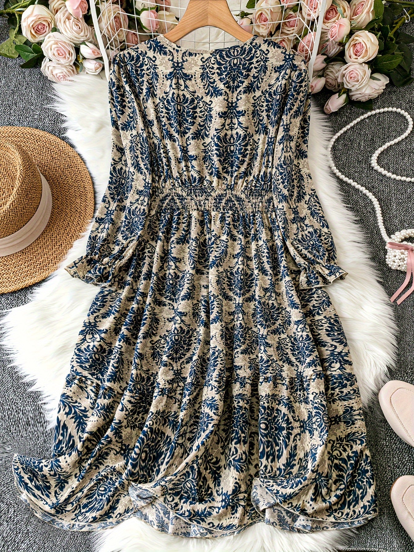 Boho Damask Print Maxi Dress Lantern Sleeve V Neck Plus Size