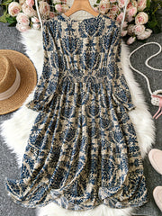 Boho Damask Print Maxi Dress Lantern Sleeve V Neck Plus Size