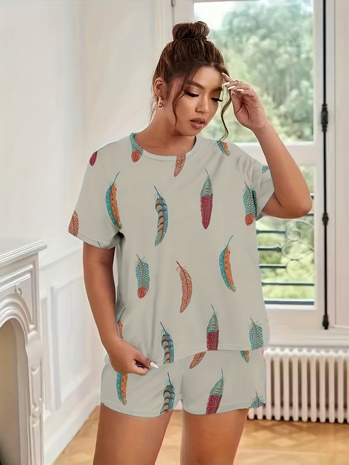 Feather Print Casual Loungewear Set Plus Size Tee & Shorts Pajama Two Piece