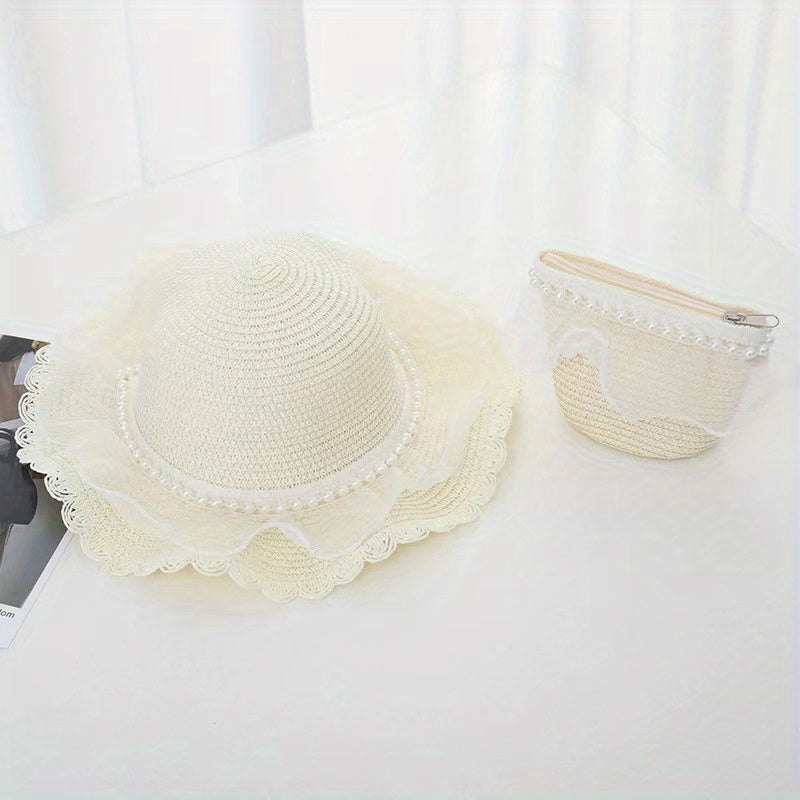 Girls Mesh Pearl Decor Lace Trim Straw Hat Sun Protection Cap & Straw Bag Set