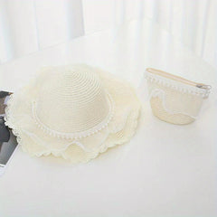 Girls Mesh Pearl Decor Lace Trim Straw Hat Sun Protection Cap & Straw Bag Set
