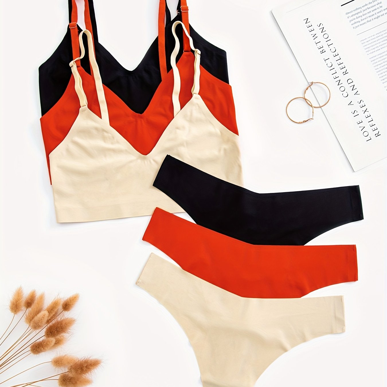 3 Sets Seamless Bra & Panties Solid Stretch Bralette & Thong Panties Set