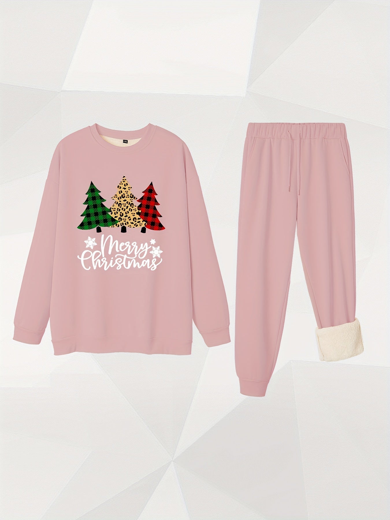 Christmas Tree & Slogan Print Fleece Top & Joggers 2 Pc Set