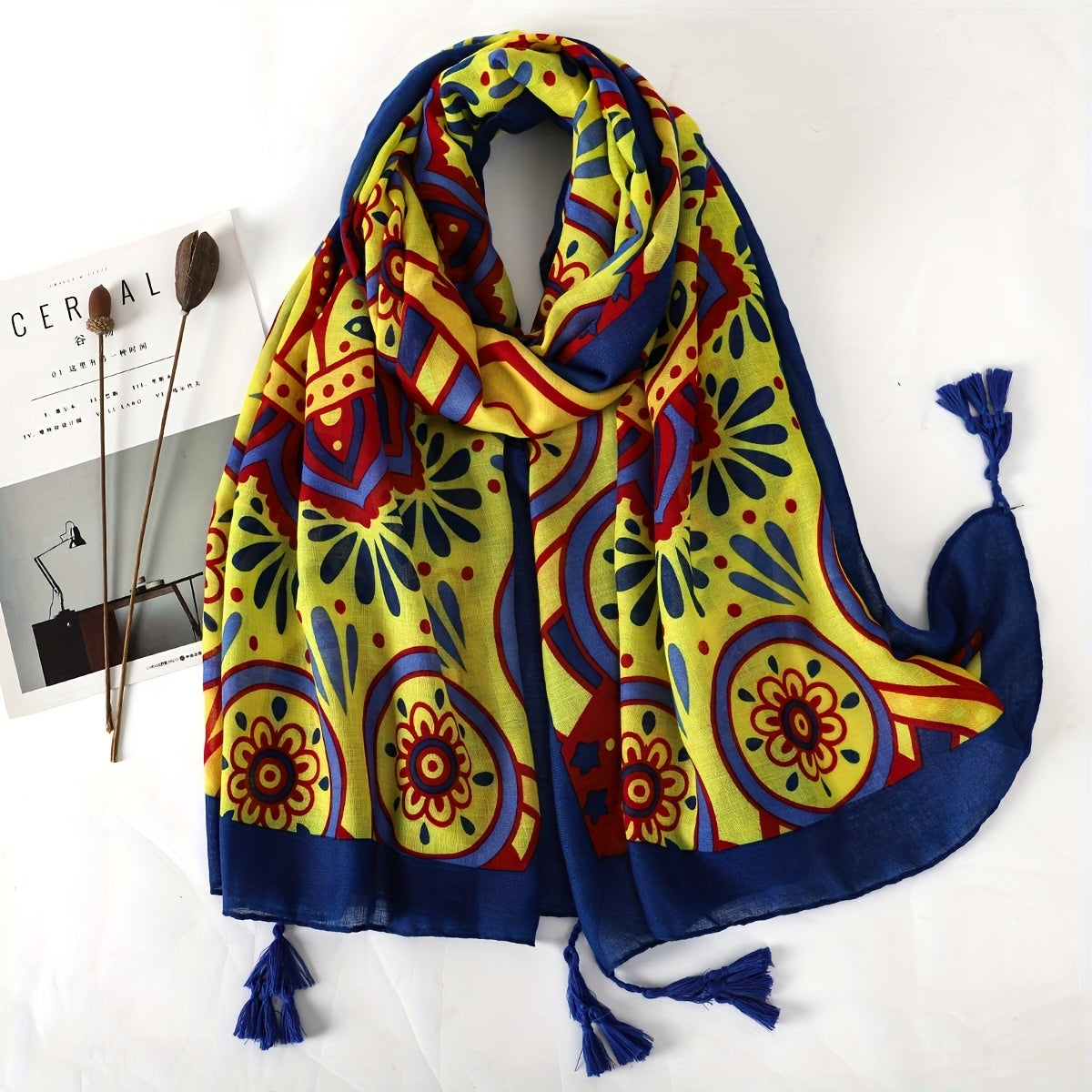 Boho Yellow Print Scarf Vintage Tassel Shawl Classic Windproof Head Large Towel