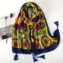 Boho Yellow Print Scarf Vintage Tassel Shawl Classic Windproof Head Large Towel