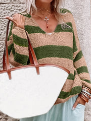 V-Neck Striped Sweater Long Sleeve Loose Jumper