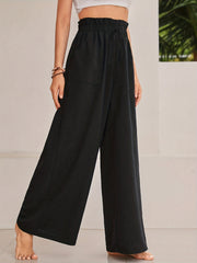 Solid Wide Leg Pants Paper Bag Waist Casual Pants