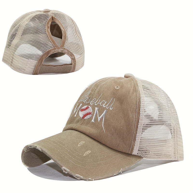 Mom Embroidery Ponytail Trucker Hat Distressed Softball Mom Baseball Cap
