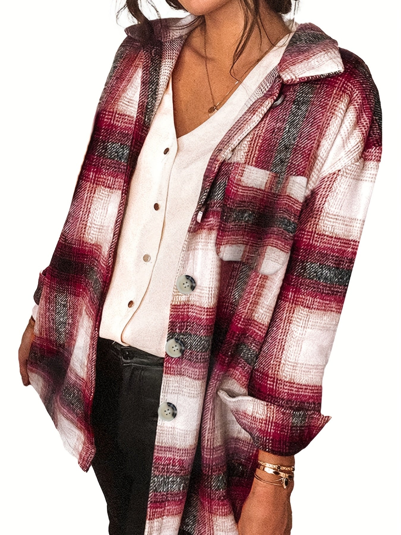 Plaid Patched Pocket Jacket Long Sleeve Spring Fall Women's Clothing