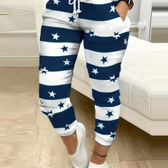 Striped & Star Print Drawstring Pants Women's Casual Pants