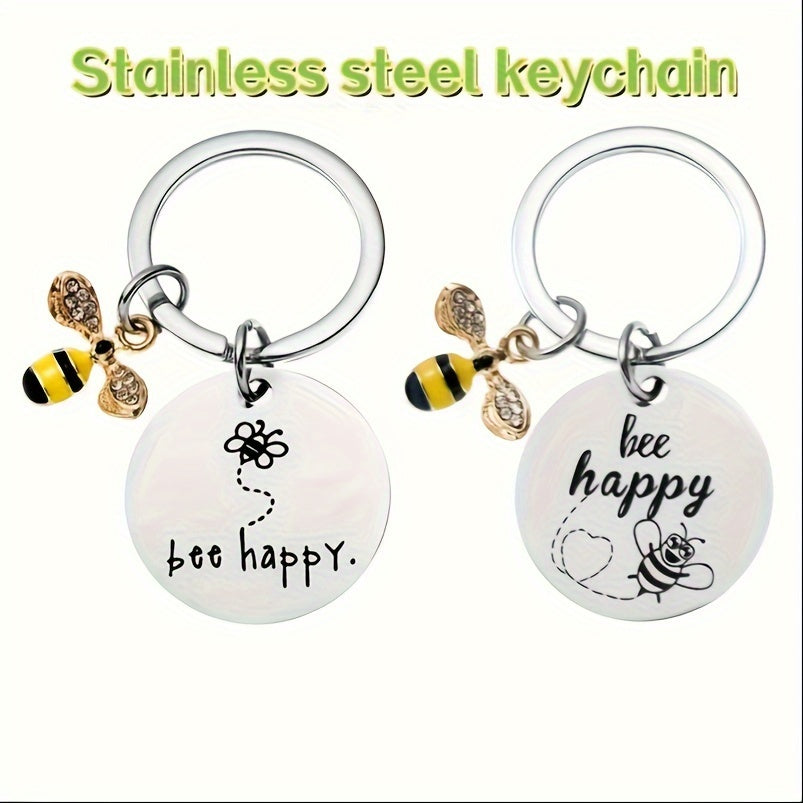 Bee Keychain Pendant Stainless Steel Inspirational Keyring Charm Ornament